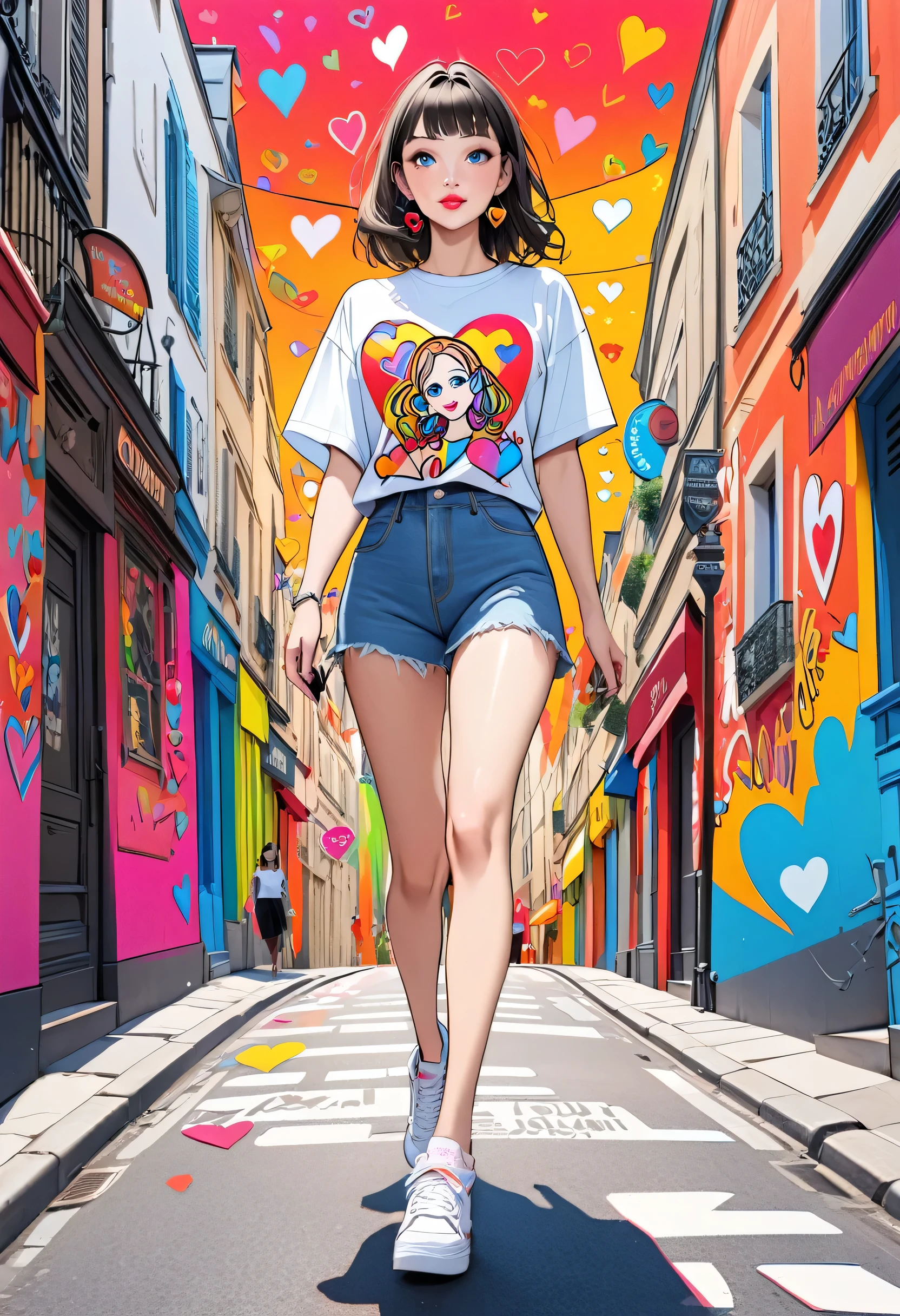 Ultra-realism Keith Haring colorful style, Simple Line Initialism,Abstract art,(((The most beautiful girl of all time))), Sweet face. Lips in love, colorful hearts, stylish design, 夏のオシャレなTシャツ, 黒い瞳, walking, Paris