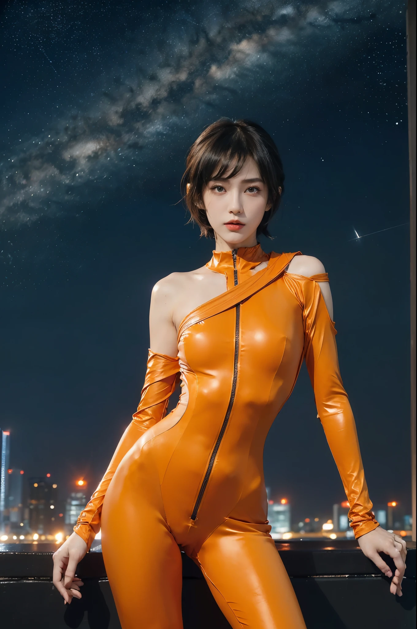 (((best quality))),(((ultra detailed))),(((masterpiece))),illustration,((1girl,Rui Kisugi,solo)),((slim,thin)),((small breasts,flat chest)),(tomboy wavy short hair:1.2),(bangs:1.3),((bare shoulder,shoulder off)),(orange full-body tight-fitting catsuit:1.5),(a red ribbon is tied around the waist:1.3),(standing:1.3),(On the roof of skyscraper:1.3),(city view:1.2),(outdoor:1.2),(night scene:1.3),elegant,confident,athletic,curves,(slender legs:1.2),waist,concrete,glass,buildings,starry sky,natural beauty,captivating,thought-provoking,((from front,upper body))