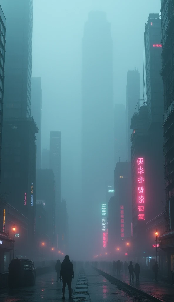sci-fi, cyberpunk city, Very dense fog, mysterious fog on street, practically nothing can be seen through the fog, colorful mist through glowing neon advertising signs, city landscape, panoramic view