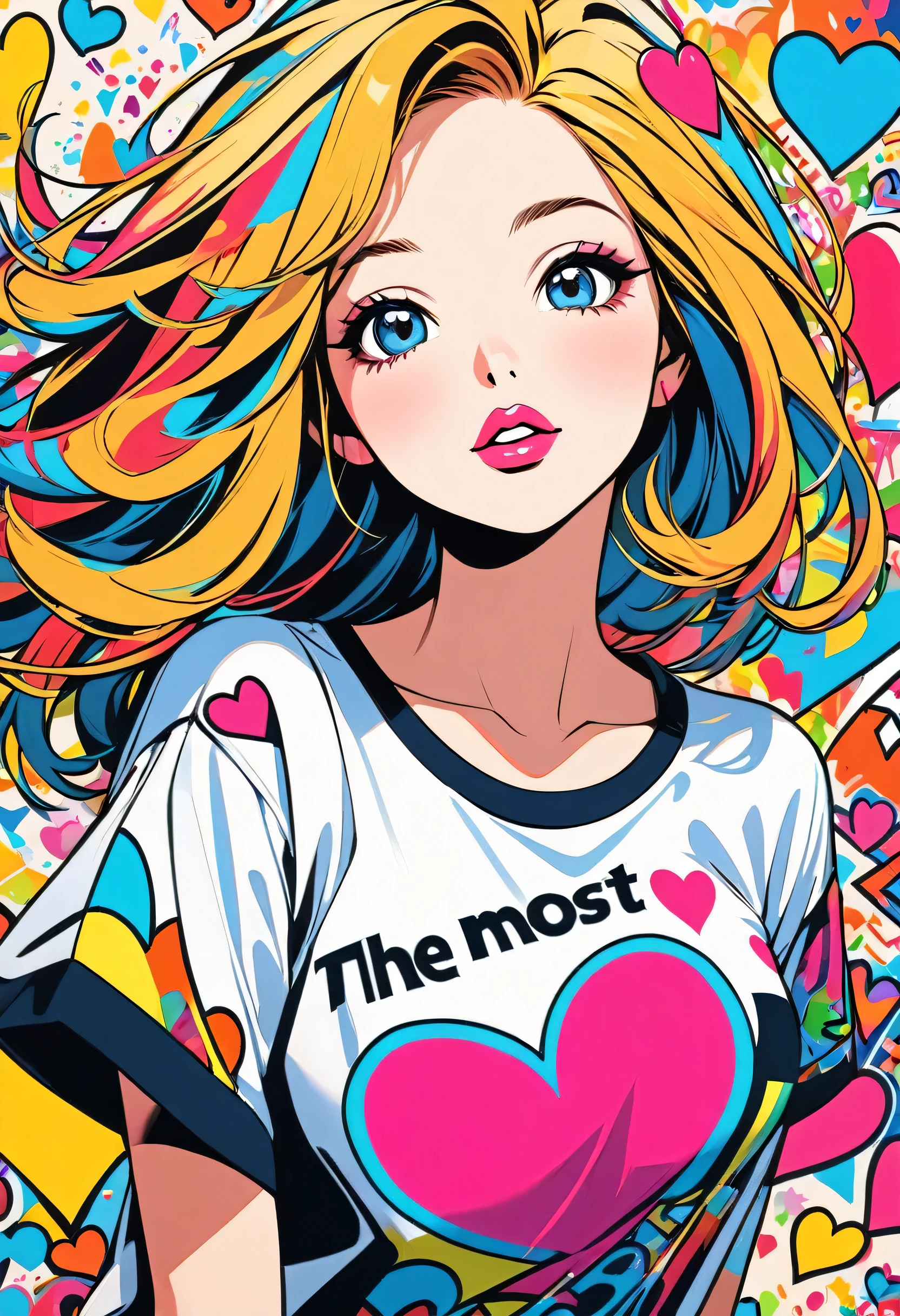 Ultra-realism Keith Haring colorful style, Simple Line Initialism,Abstract art,(((The most beautiful girl of all time))), Sweet face. Lips in love, colorful hearts, stylish design, 夏のオシャレなTシャツ, 黒い瞳, walking, Paris