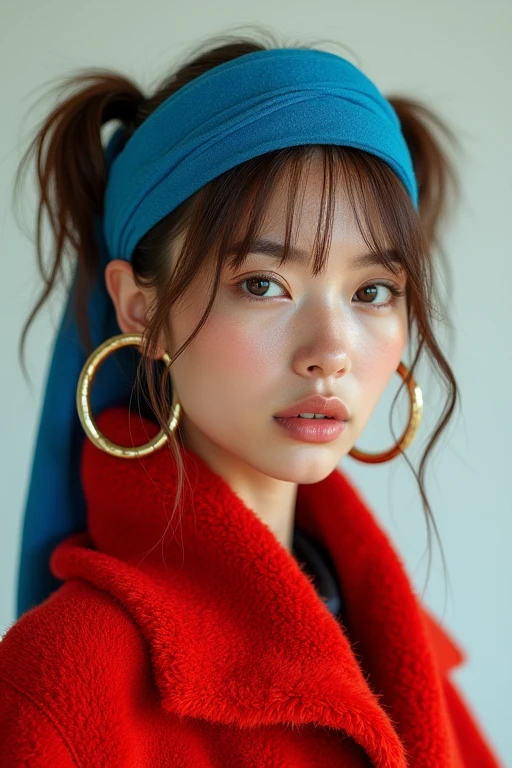 there is a woman with a blue headband and a red blanket, long pigtail, halfbody headshot, inspired by Louisa Matthíasdóttir, very accurate photo, lucio as a woman, pigtails, huge earrings and, hair in pigtails.