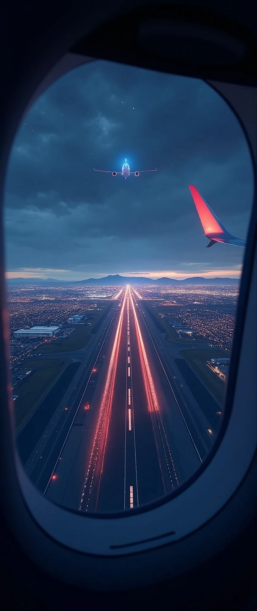 (masterpiece:1.2,Highest quality,Ultra-high resolution,Very detailed,Realistic,RAW Photos:1.2,Elaborate photos),8k,wallpaper,(Ray Tracing),Window shot of an airplane circling for landing,,night,,The airport is visible below,A straight runway stretching out,(A depiction of countless colorful runway exit lights:2.0),(美しいnight景の描写:2.0)