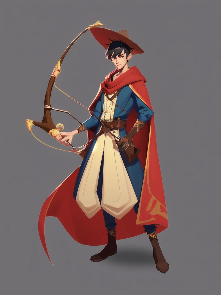 concept art, European and American comics, game character design, RPG Fantasy Game Characters, 1boy, solo, Asian male in his 20s, Male-centric, brown bowl cut hair,
Straight hair that falls straight down to the eyes, as if the head was cut with a hat on, slim body type, Wearing a red cloak tied around his neck, Blue long sleeve jacket, Vertical dark striped sprite pattern, Wearing a protector with a brown leather pocket on the waist, Brown gloves, Aiming pose with a bow, Standing with the bowstring drawn, Hair styled in a neat, straight-cut bangs, Upper body focused illustration, Clear facial expressions, Zoom in so the face is very visible,