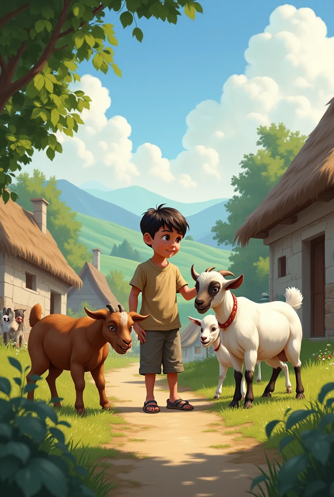 young boy in village with his goats