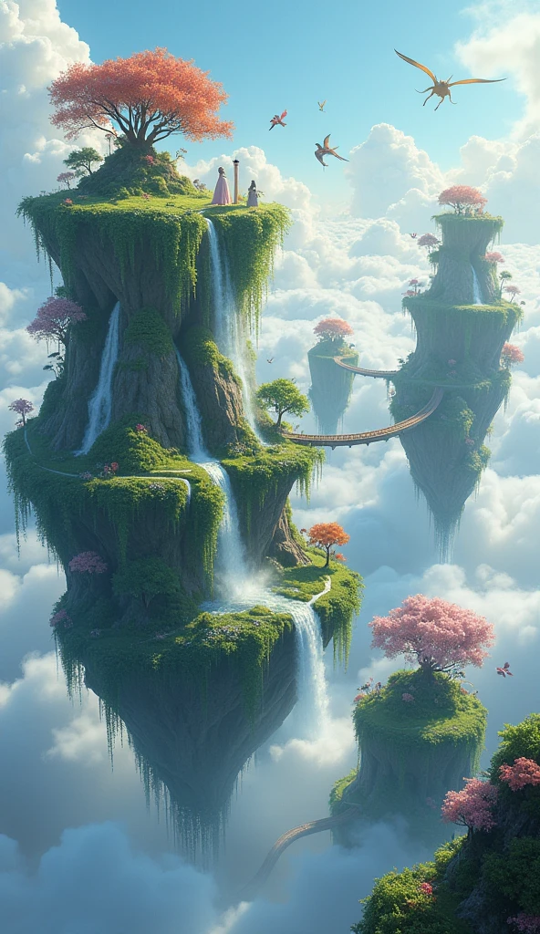 Floating Islands: A surreal landscape of floating islands above a sea of clouds, with cascading waterfalls spilling into the abyss below. Each island features unique flora and fauna, with bridges of vines connecting them.