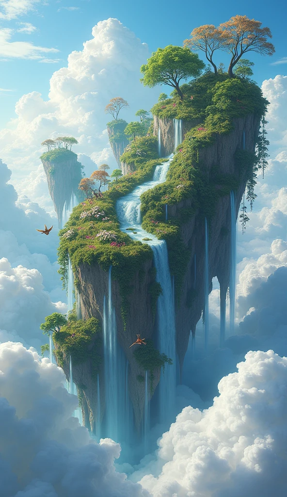 Floating Islands: A surreal landscape of floating islands above a sea of clouds, with cascading waterfalls spilling into the abyss below. Each island features unique flora and fauna, with bridges of vines connecting them.