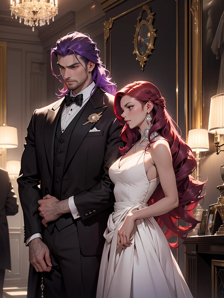 a man and a woman standing in a luxurious hall, the woman wearing an elegant ballgown dress with long purple hair styled beautifully flowing down her shoulders and waist, the man in a tuxedo with slicked back red hair, formal mafia party scene, the woman standing next to the man as he protects her, detailed face and eyes, photorealistic, cinematic lighting, dramatic atmosphere, vibrant colors, intricate details, high fashion, chiaroscuro lighting, moody, elegant, sophisticated, cinematic composition, award-winning photography, masterpiece, best quality, 8k, hyperrealistic, photorealism, physically-based rendering, extremely detailed, studio lighting. A girl stands next to a guy. He puts his arm around her waist, his face is gloomy. There are many people around. Young girl with boy. HIS RED HAIR. *HER PURPLE HAIR*