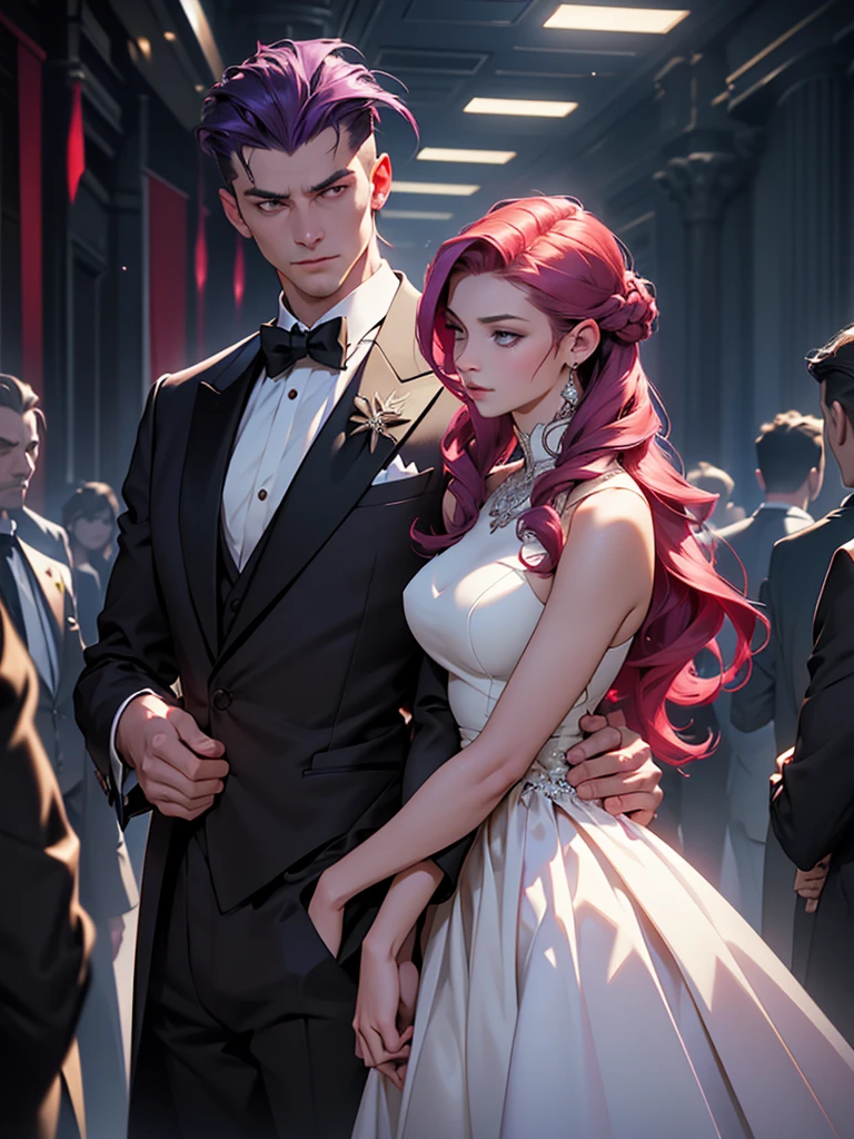 a man and a woman standing in a luxurious hall, the woman wearing an elegant ballgown dress with long purple hair styled beautifully flowing down her shoulders and waist, the man in a tuxedo with slicked back red hair, formal mafia party scene, the woman standing next to the man as he protects her, detailed face and eyes, photorealistic, cinematic lighting, dramatic atmosphere, vibrant colors, intricate details, high fashion, chiaroscuro lighting, moody, elegant, sophisticated, cinematic composition, award-winning photography, masterpiece, best quality, 8k, hyperrealistic, photorealism, physically-based rendering, extremely detailed, studio lighting. A girl stands next to a guy. He puts his arm around her waist, his face is gloomy. There are many people around. Young girl with boy. HIS RED HAIR. *HER PURPLE HAIR*