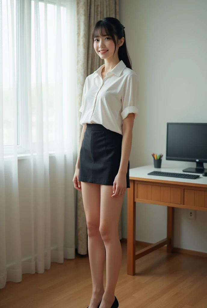 ((masterpiece, top quality, 8k, RAW photo, realistic, ultra highly detailed)), 1 girl, (japanese face:1.4), 20 years old, big smile:1.4, perfect cute face:1.4, symmetrical face, perfect body:1.4, black hair, lower ponytail:1.4, side swept bangs:1.3, natural makeup, double eyelid, (full body shot, polite standing:1.4, beautiful legs:1.3), ((white short sleeve blouse, tight mini skirt, black heels)), (in interview room:1.5)