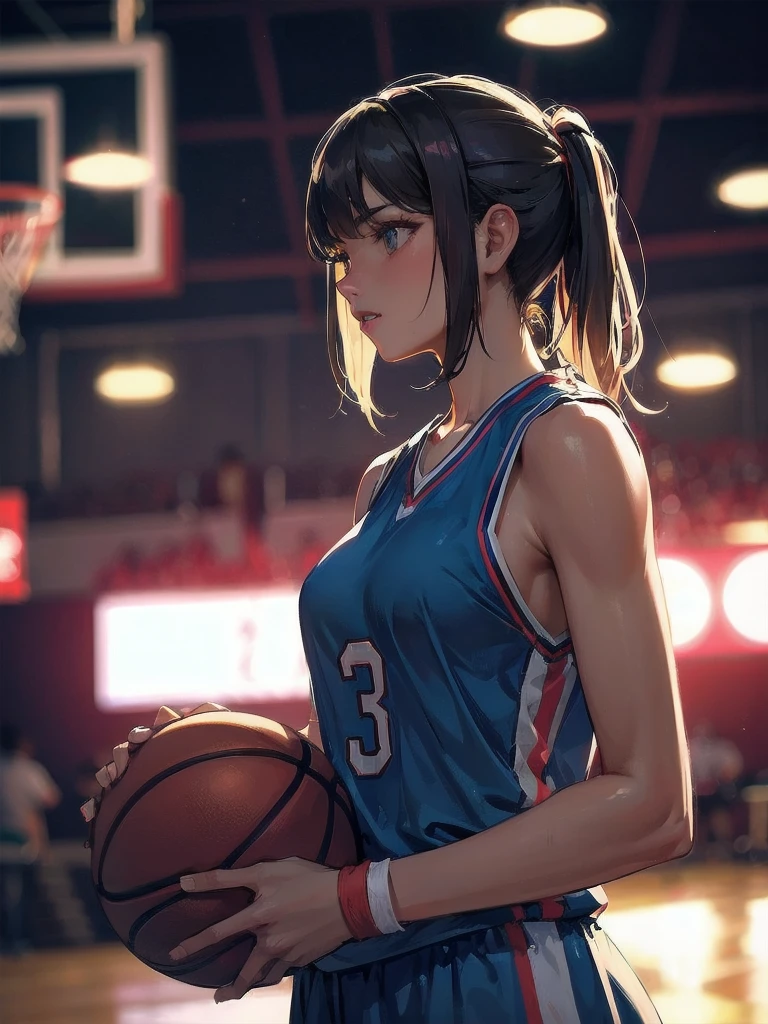 masterpiece, (textured skin), best quality, gorgeous beautiful girl, (a female basketball athlete), detailed clothes,large breasts,narrow waist,, (beautiful face), cinematic lighting, (at basketball venue ),