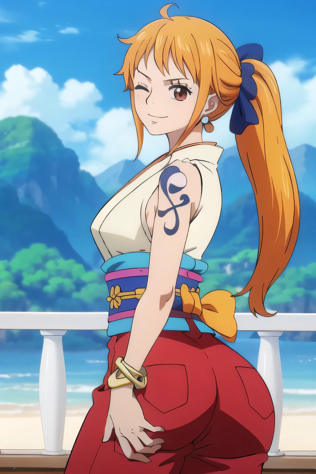 NSFW, pants, rear view of one woman ass,  camera under pussy, attractive ass, showing the ass,back veiw,very light orange and yellowish haired girl, ass, hands on own ass with 2 hands, natural ass, 2d, masterpiece, best quality, anime, highly detailed face, highly detailed background, wink, perfect lighting, wano, nami, 1girl, solo, one eye closed, long hair, smile, jewelry, sash, obi, orange hair, kimono, bow, light blue kimono, flower, flower print, earrings, looking at viewer, sleeveless kimono, ahoge, ribbon, hair bow, sky, day, bracelet, sleeveless, ;\), blue bow, outdoors, breasts, cloud, closed mouth, ponytail, blue sky, brown eyes, orange eyes, left shoulder tattoo, bare shoulders, very long hair, sidelocks, bangs, collarbone, upper body, left arm tattoo, bare arms, official alternate costume, blurry, alternate costume, medium breasts, blurry background, large breasts, eyelashes, mountain, parody, cloudy sky, shiny hair, bangle, wavy hair, nsfw, porn,