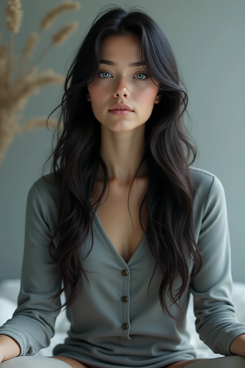 Girl with long dark hair, She is sitting and meditating with gray-blue eyes .HP (Best quality,4K,8 K,a high resolution,masterpiece:1.2),ultra detailed,(realistic,photorealistic,photo-realistic:1.37),HDR,studio lighting,very detailed face body clothing