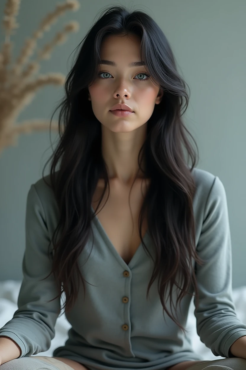 Girl with long dark hair, She is sitting and meditating with gray-blue eyes .HP (Best quality,4K,8 K,a high resolution,masterpiece:1.2),ultra detailed,(realistic,photorealistic,photo-realistic:1.37),HDR,studio lighting,very detailed face body clothing