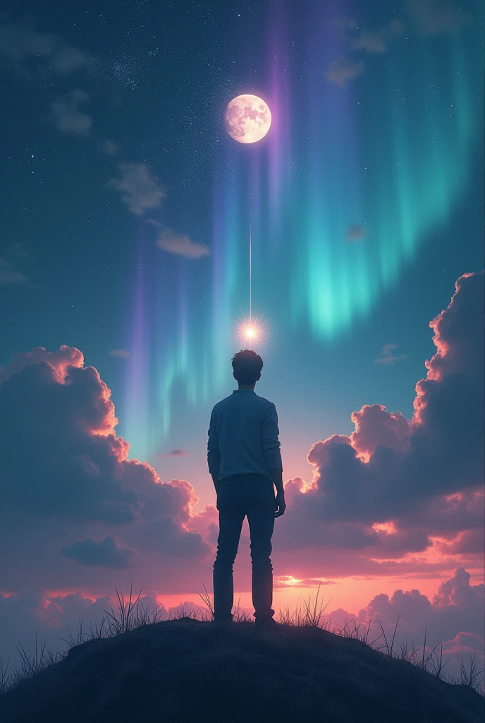 A person, from back view,surrounded by the universe, twilight, sparks, stars, moon,aurora borealis effect, 4k visual effect, inquiring, about himself, grace , silent, interrogation point, spark on his head, visual effect 3d