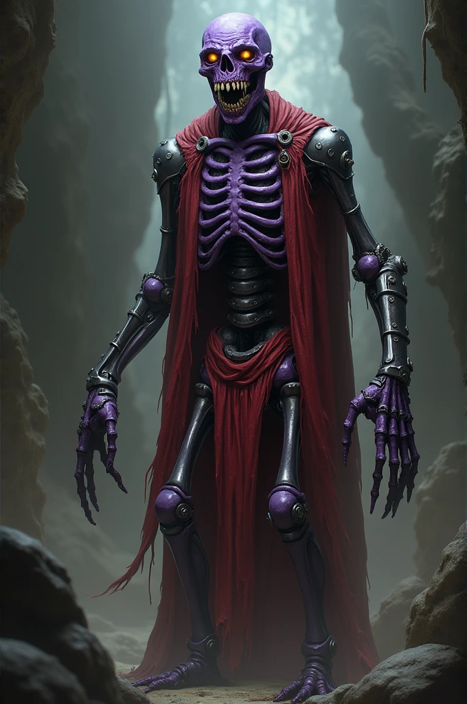 A tall, skeletal of purple skin his mouth is open and his teeth are countless and sharp he has no nose and his eyes are orange, abnormally large and glazed he wears "mantea" ragged red. metal plates screwed to his arms, flegs, chest and some small ones on his head