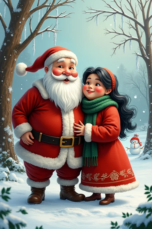 Santa Claus with his chubby wife,black hair, candy cane snowman