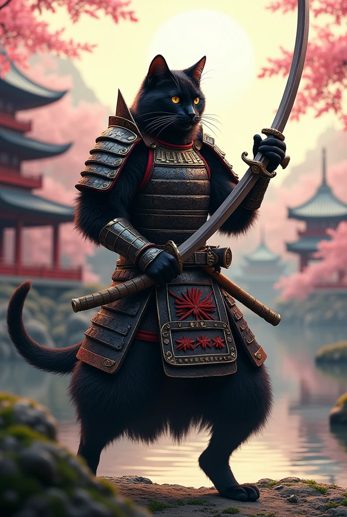 A black cat holding a samurai sword and wearing Japanese-style armor.