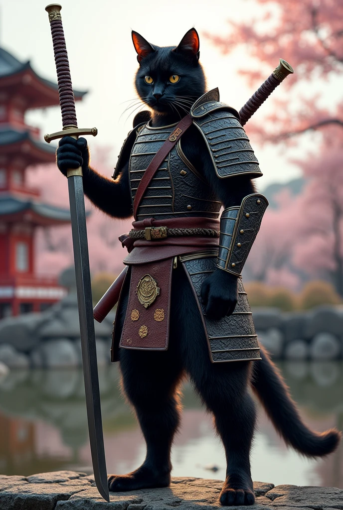 A black cat holding a samurai sword and wearing Japanese-style armor.