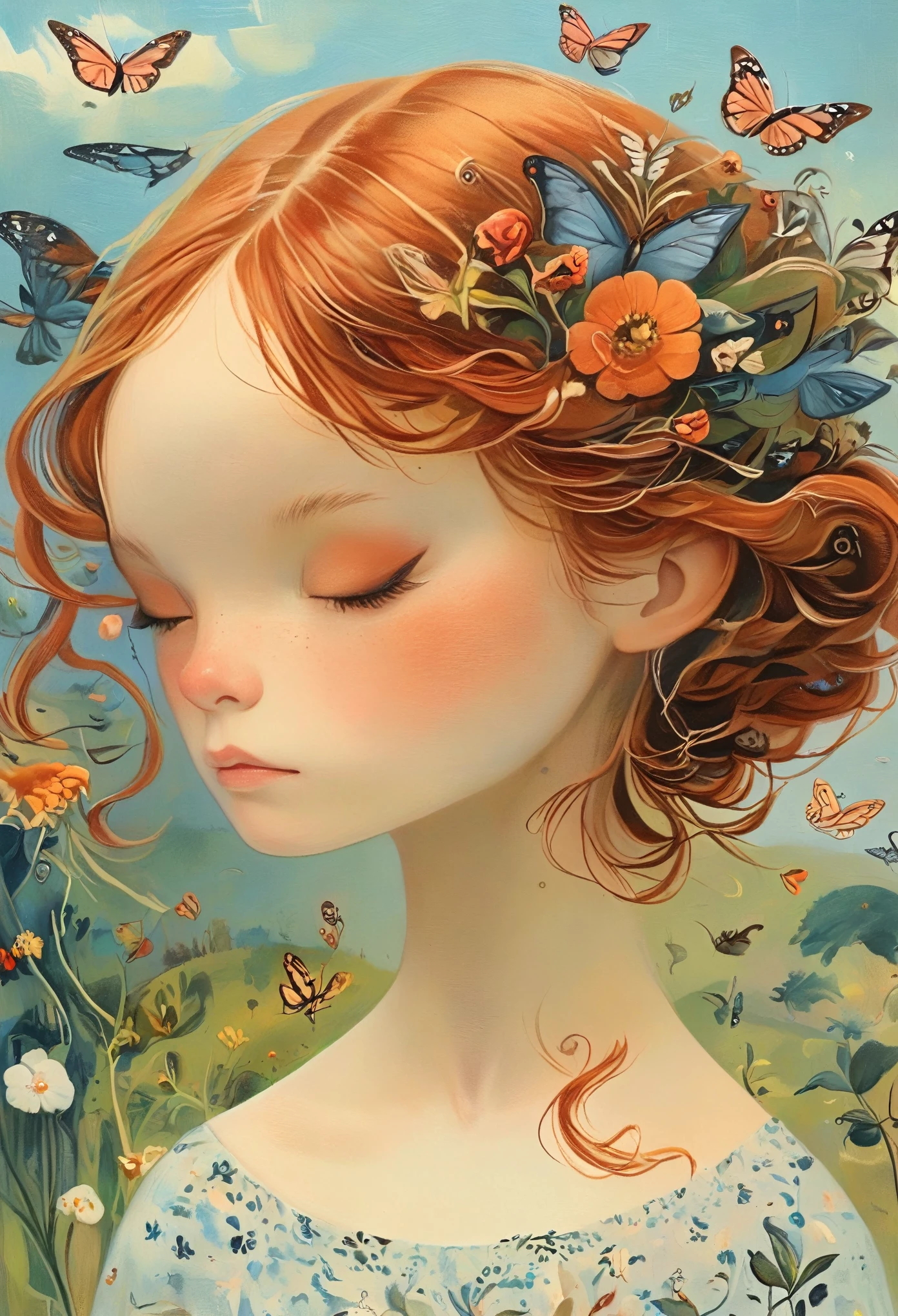 Oil Painting of a Woman、Redhead、Pigtails、Braid、butterfly々Fluttering、Jonathan Young Pintura、Adriano Borda、粘土のMixed Media、Elaborate Oil Painting Artwork、Shin Jin-hye、Mixed Media、director：Ishak Holtz、Made with Dried Flowers、Highly Conceptualized Figurative Art、Freckles。