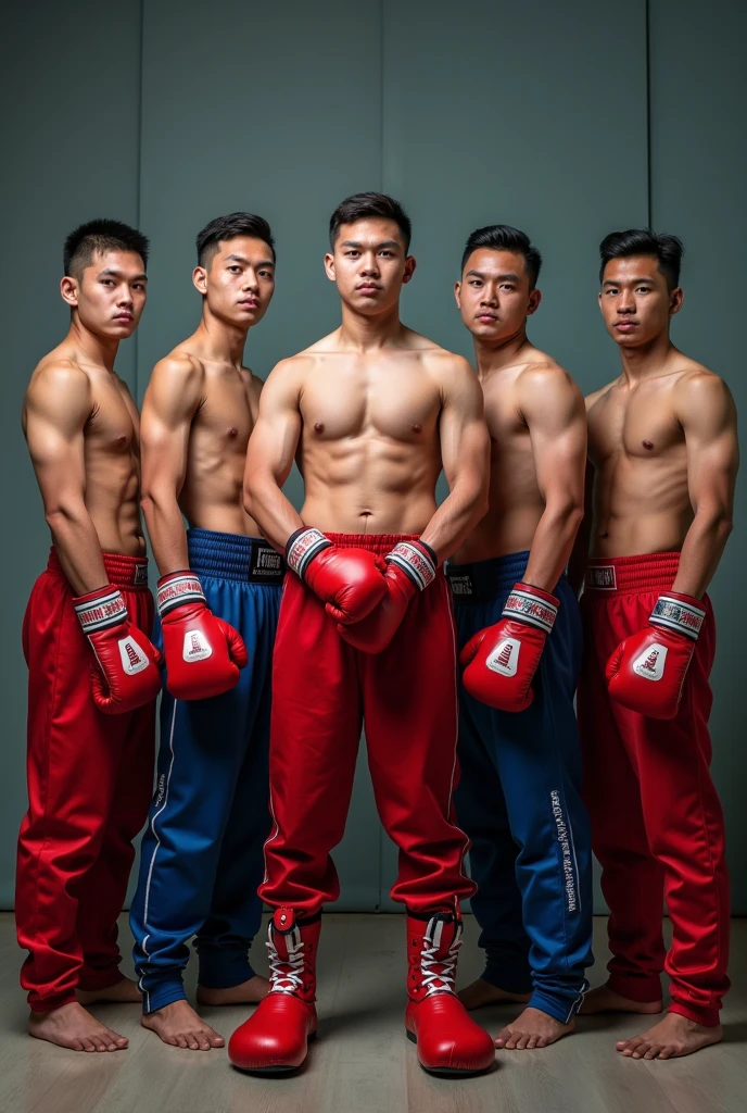 Describe 5 young Indonesian men with white skin, slightly plump, 170cm tall, in a photo studio with an aesthetic wall background, wearing clothes, Full boxing pants with boxing gloves and boxing robe. Realistic photo, 8k, HDR