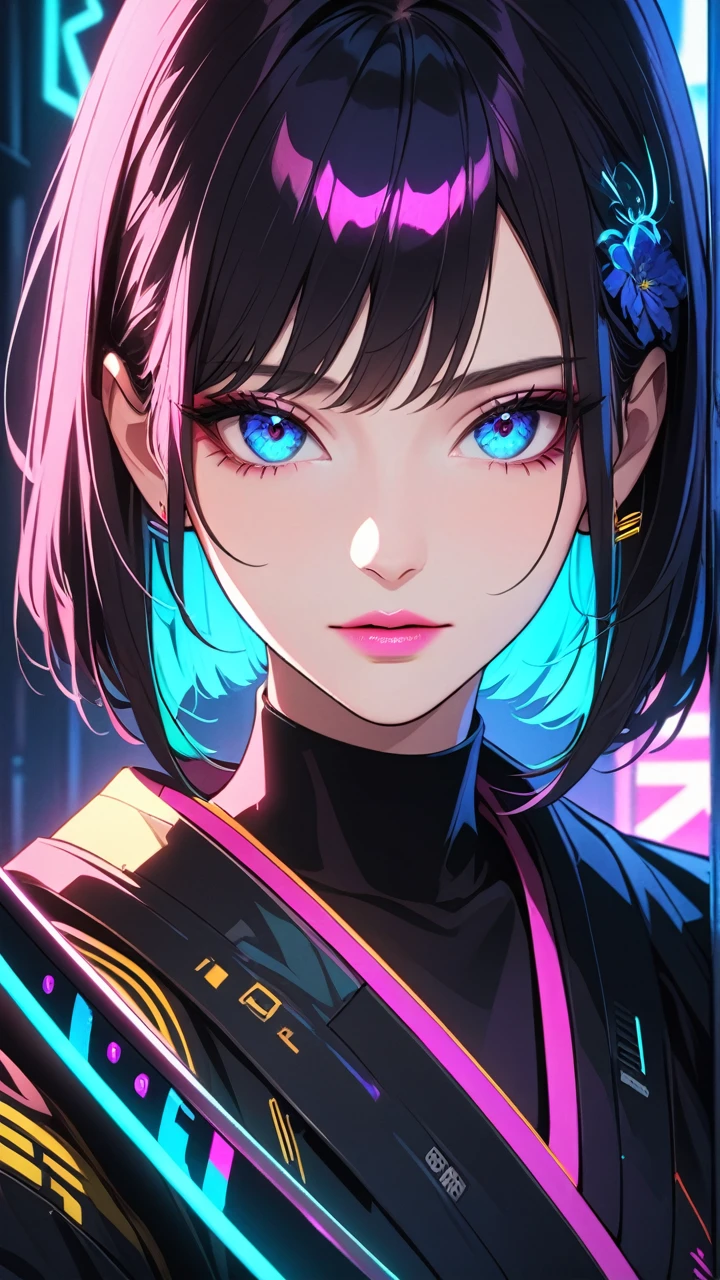 beautiful detailed eyes, beautiful detailed lips, extremely detailed eyes and face, long eyelashes, 1 girl, detailed portrait, kimono, holding katana, cyberpunk style, sci-fi, neon lights, dark atmosphere, dramatic lighting, cinematic, vivid colors, hyper-detailed,