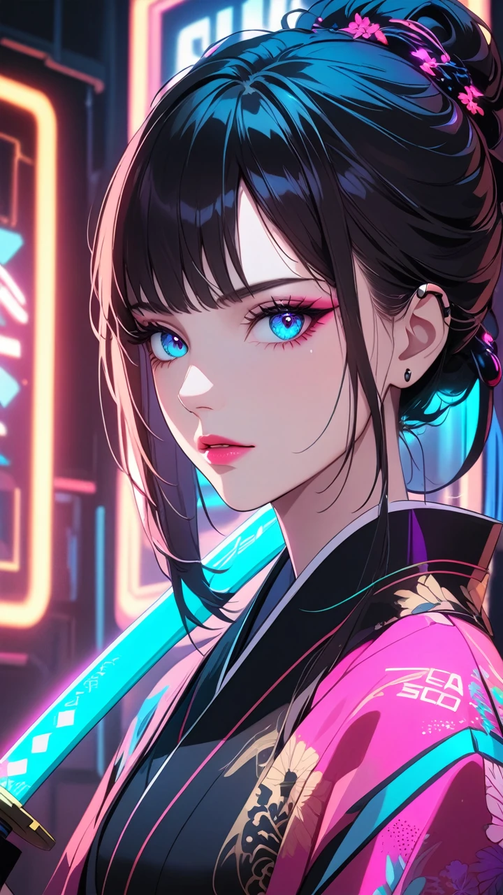 beautiful detailed eyes, beautiful detailed lips, extremely detailed eyes and face, long eyelashes, 1 girl, detailed portrait, kimono, holding katana, cyberpunk style, sci-fi, neon lights, dark atmosphere, dramatic lighting, cinematic, vivid colors, hyper-detailed,