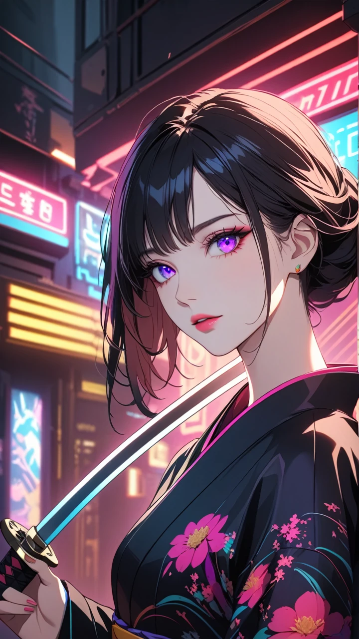 beautiful detailed eyes, beautiful detailed lips, extremely detailed eyes and face, long eyelashes, 1 girl, detailed portrait, kimono, holding katana, cyberpunk style, sci-fi, neon lights, dark atmosphere, dramatic lighting, cinematic, vivid colors, hyper-detailed,