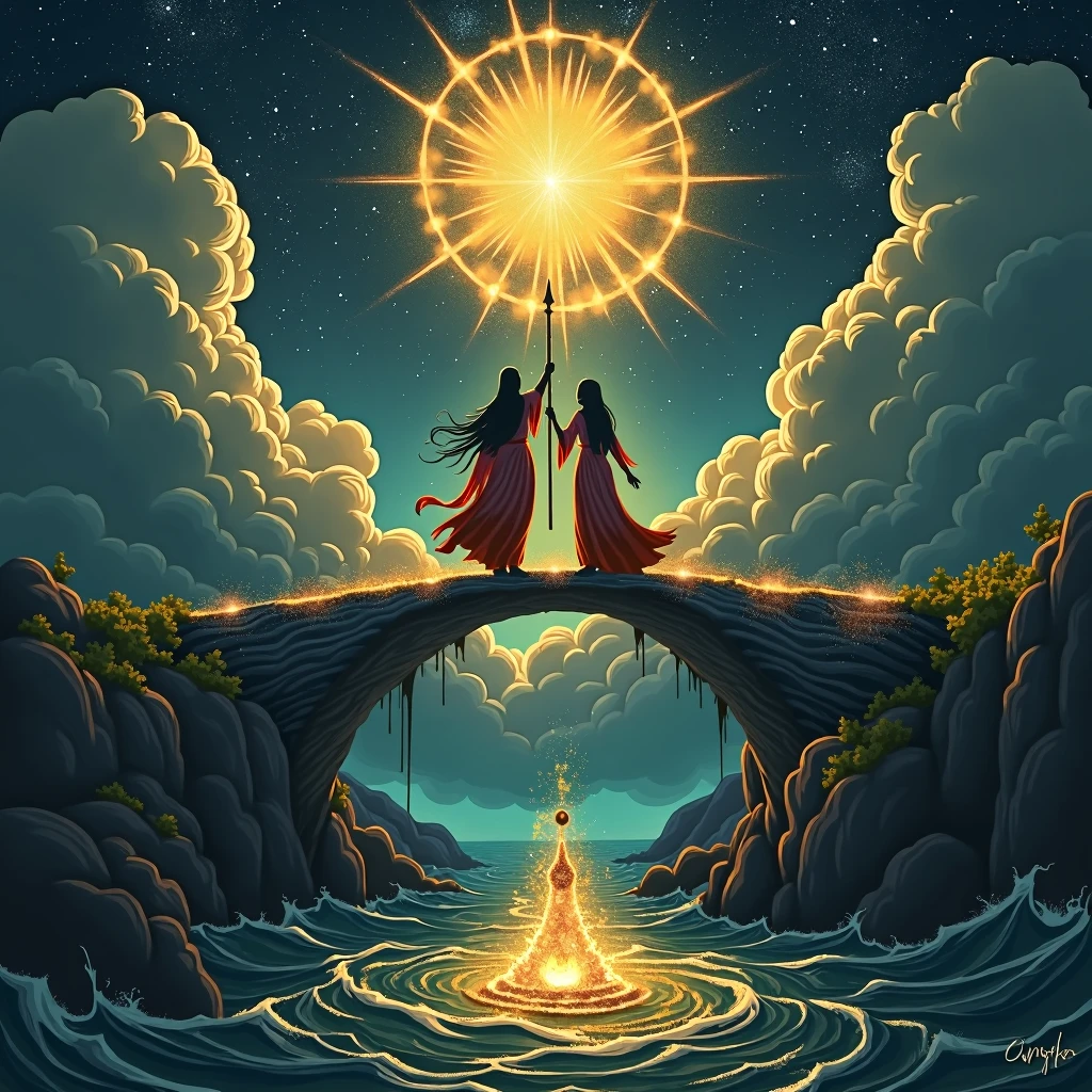 Prompt:
Izanagi and Izanami stand on a celestial bridge woven from stardust and glowing clouds, casting a gentle luminescence over the dark, roiling sea below. Izanagi raises the heavenly jeweled spear high, its jewels gleaming against the murky waters. As the spear touches the sea, golden droplets fall, creating ripples that form the island of Onogoro. This scene captures the serene transformation from chaos to the nascent land.