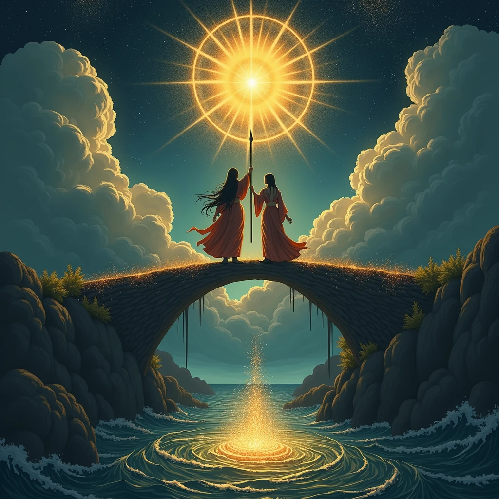 Prompt:

Izanagi and Izanami stand on a celestial bridge woven from stardust and glowing clouds, casting a gentle luminescence over the dark, roiling sea below. Izanagi raises the heavenly jeweled spear high, its jewels gleaming against the murky waters. As the spear touches the sea, golden droplets fall, creating ripples that form the island of Onogoro. This scene captures the serene transformation from chaos to the nascent land.