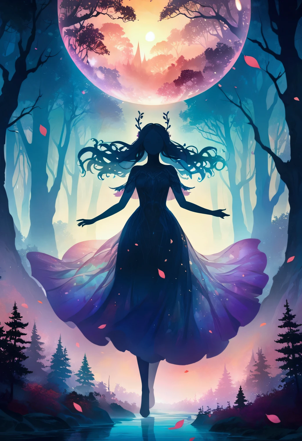 a mysterious forest shrouded in mist, (double exposure silhouette: 1.2), a forest fairy gracefully floating and drifting, detailed fantasy character, floating petals, glowing orbs, magical atmosphere, ethereal lighting, vibrant colors, cinematic composition, dreamlike, intricate details, high resolution, 8k, vibrant colors oil painting illustration