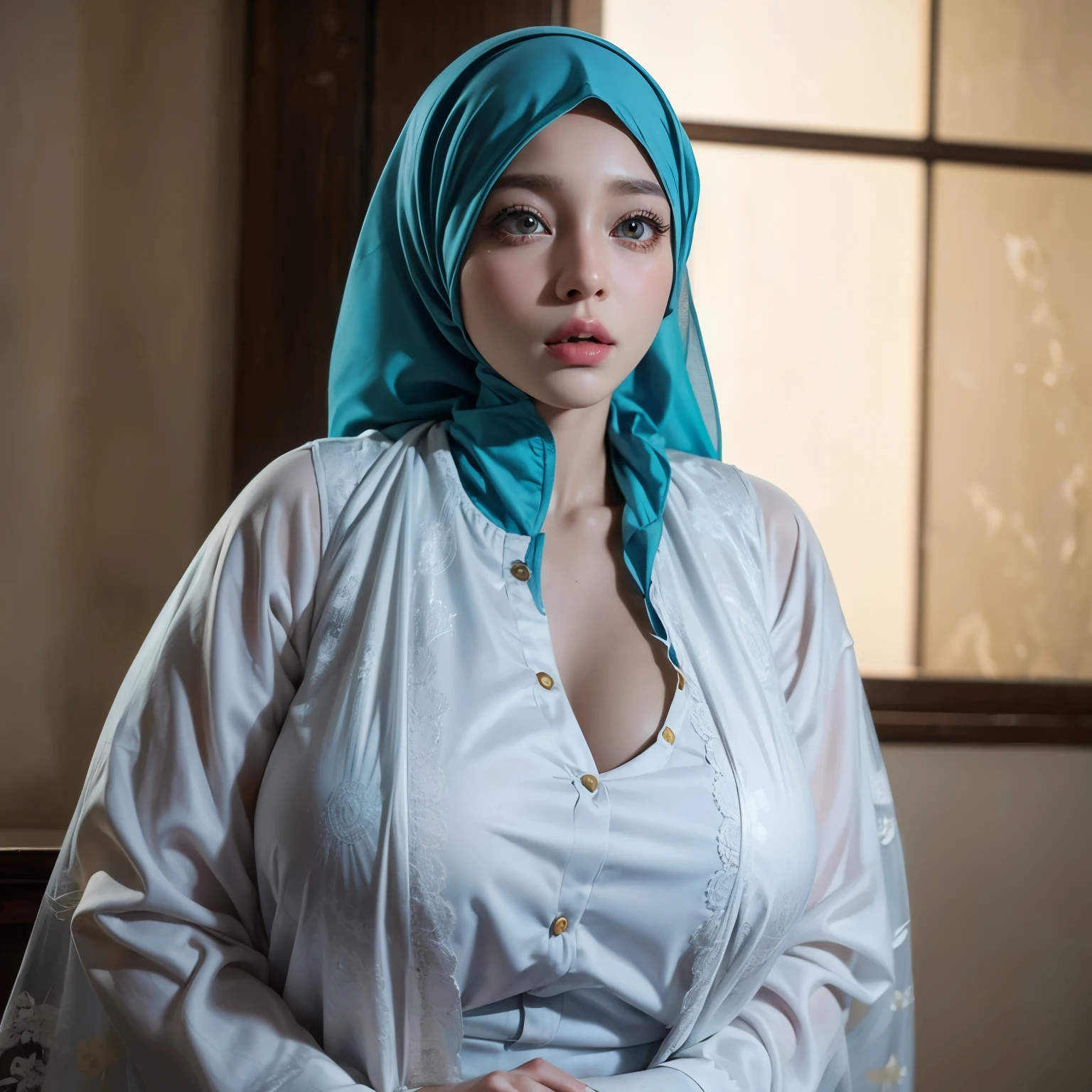 Big , yellow hair color,red ayes,Hyper realistic, Ultra detail, hijab
