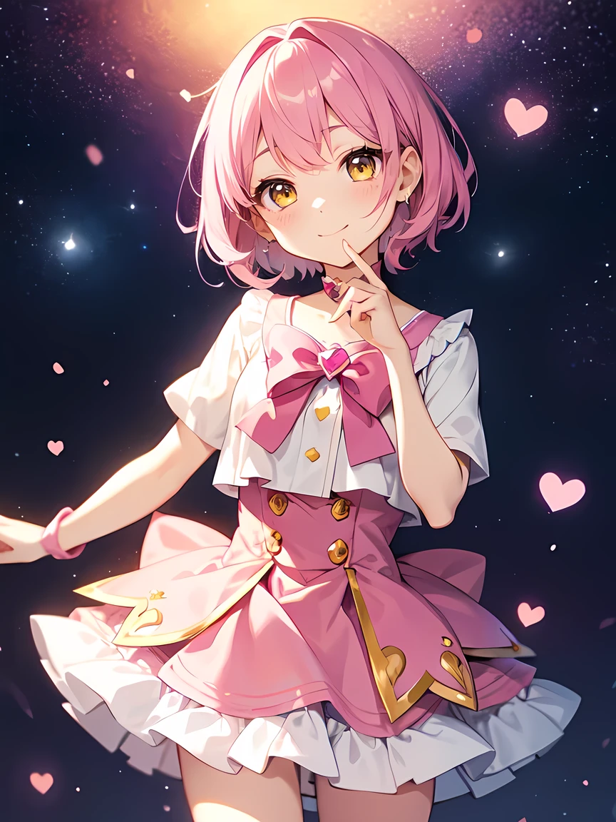 Pink Hair、short hair、Yellow Eyes、Magical Girl Clothes:1.2、Pink Skirt、Cute smile、Mouth closed、Anime Style:1.1、Small heart mark、A background like the night sky