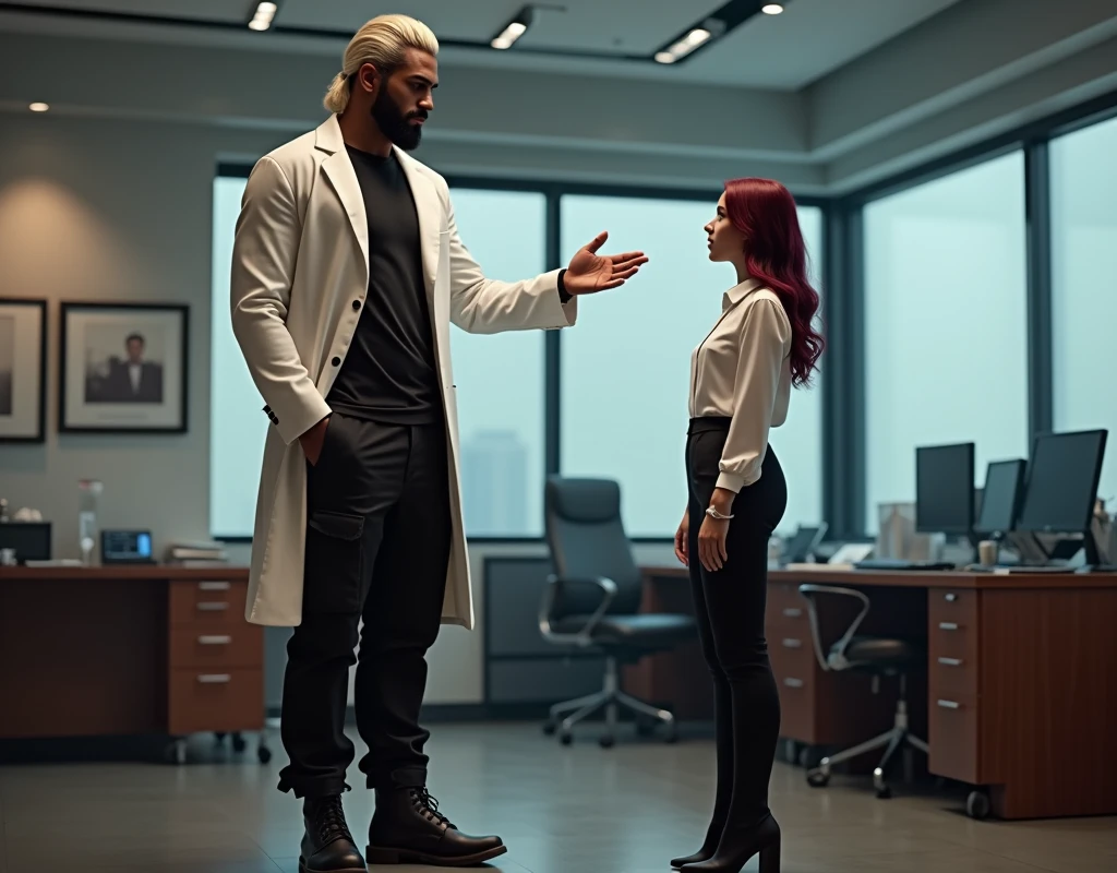 216cm tall attractive man, short platinum blond wavy swept-back hair, dark skin, long black stubble, Arabic-Egyptian features, white lab coat over a black t-shirt, black cargo pants and black boots, standing behind office desk gesturing to take a seat to a shoulder height young woman vibrant maroon side-parted medium-length wavy hair, very pale skin, white silk work blouse, low-rise black pants and black boots. Photorealistic, cinematic.