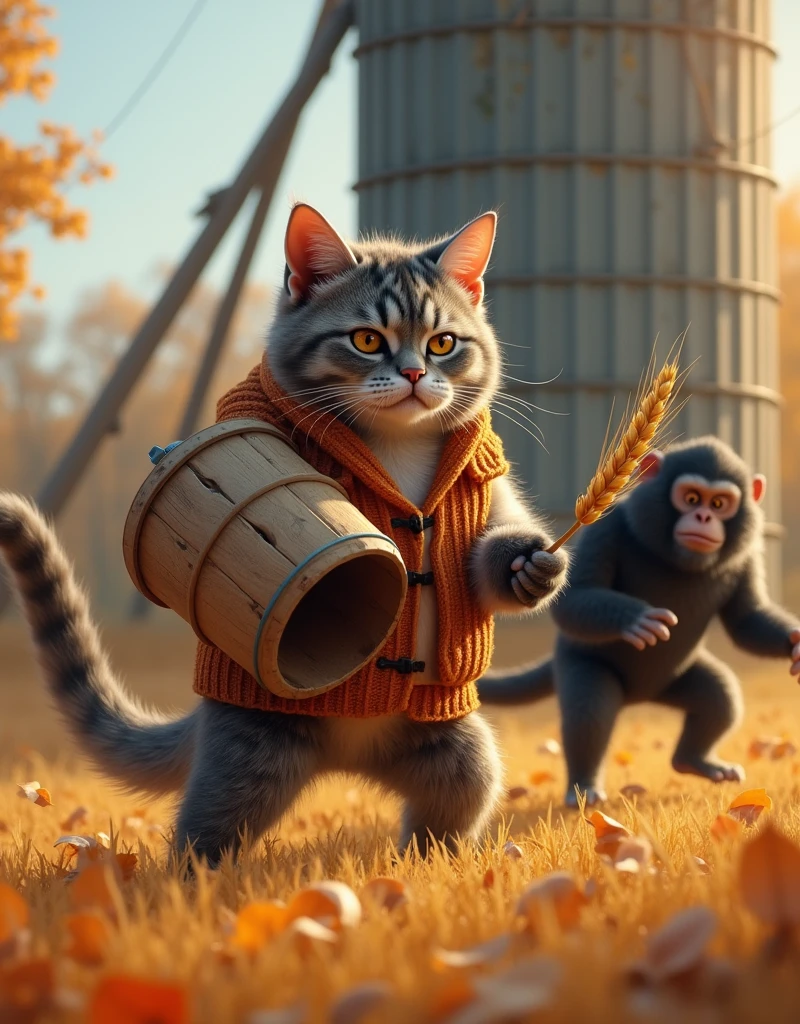Autumn Defiance: In the crisp autumn air, a resilient farmer cat with a knitted vest and a large wooden bucket confronts a black monkey attempting to invade his wheat silo. The cat’s strategic placement of obstacles and clever use of the bucket help in thwarting the monkey’s plans.