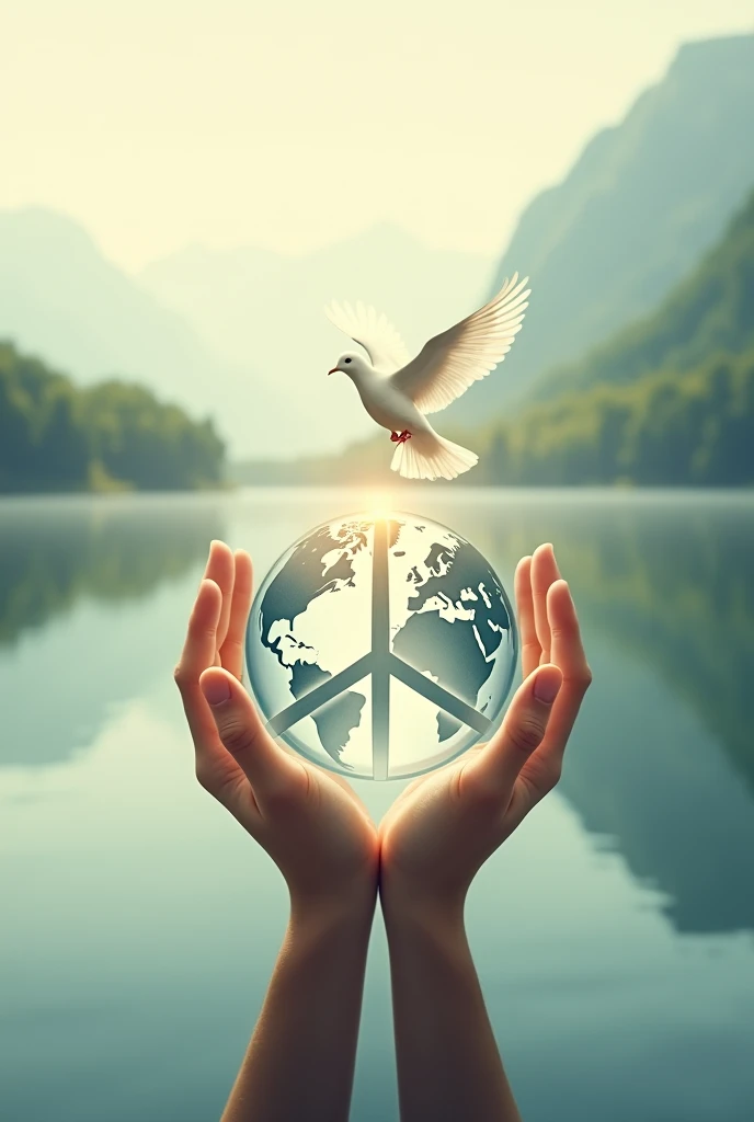 A soft, blurred background of a peaceful landscape (e.g., a serene lake or mountain scene) with hands in a prayer or gratitude gesture symbolizing peace. An image depicting a dove with an olive branch, symbolizing peace, or a globe surrounded by diverse people holding hands, representing global harmony.  A simple and elegant peace symbol or a world map with a peace symbol overlay.