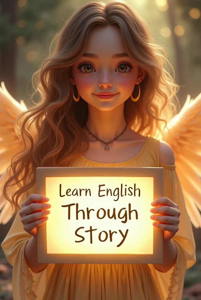 Beautiful girl with heart-warming smile and wavy long hair, bohemian dress, holding a white board with text "learn English Through Story" and showing it to the viewer, the board is glowing with a the text.