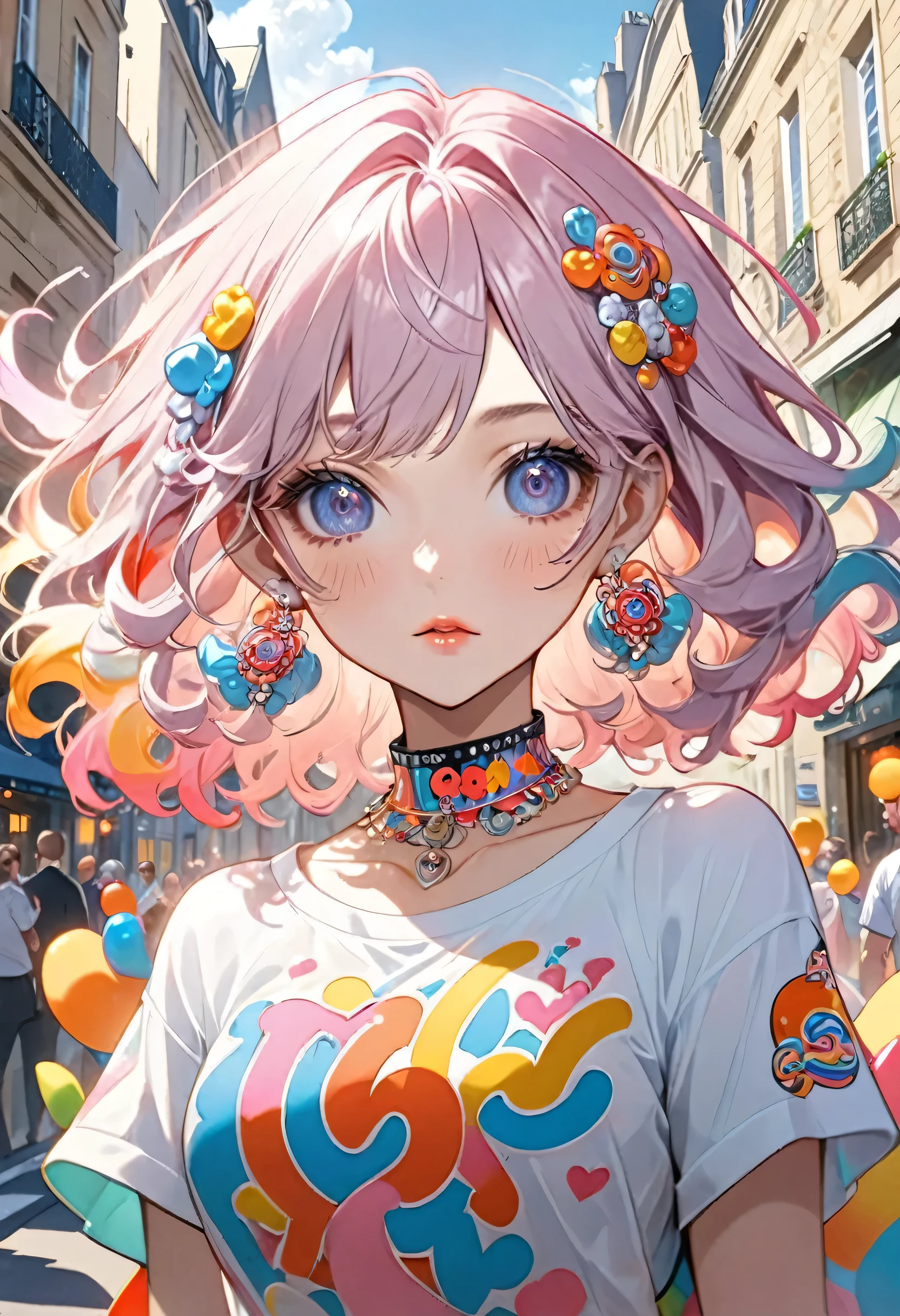 Ultra-realism Keith Haring colorful style, Simple Line Initialism,Abstract art,(((The most beautiful girl of all time))), Sweet face. Lips in love, colorful hearts, stylish design, 夏のオシャレなTシャツ, 黒い瞳, walking, Paris