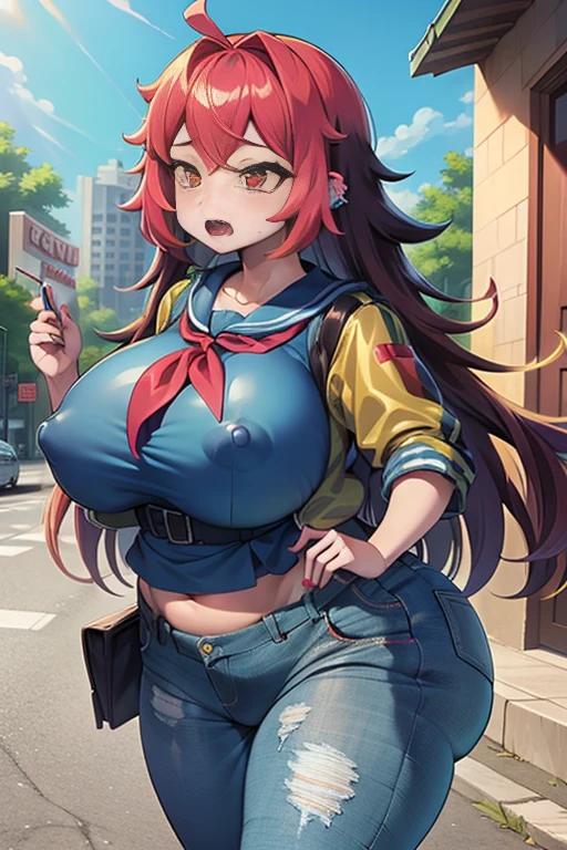 (highest quality)、big head、Confused face、(big ed clara:1.2) On the street wearing blue jeans and shirt、whole body、erect es、aheG ASS)、nipples