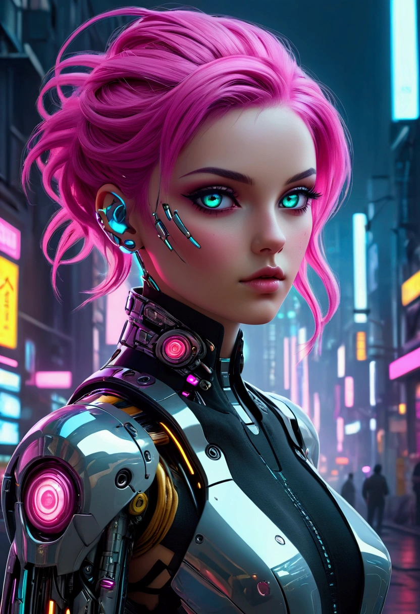a cyberpunk girl, cyberpunk aesthetic, neon city, holographic interface, futuristic technology, intricate machinery, glowing panels, chrome accents, high-contrast lighting, moody color palette, dramatic shadows, detailed facial features, piercing eyes, strong jawline, sleek pink hairstyle, android implants, robotic limbs, advanced prosthetics, glossy skin, luminous aura, (best quality,4k,8k,highres,masterpiece:1.2),ultra-detailed,(realistic,photorealistic,photo-realistic:1.37)