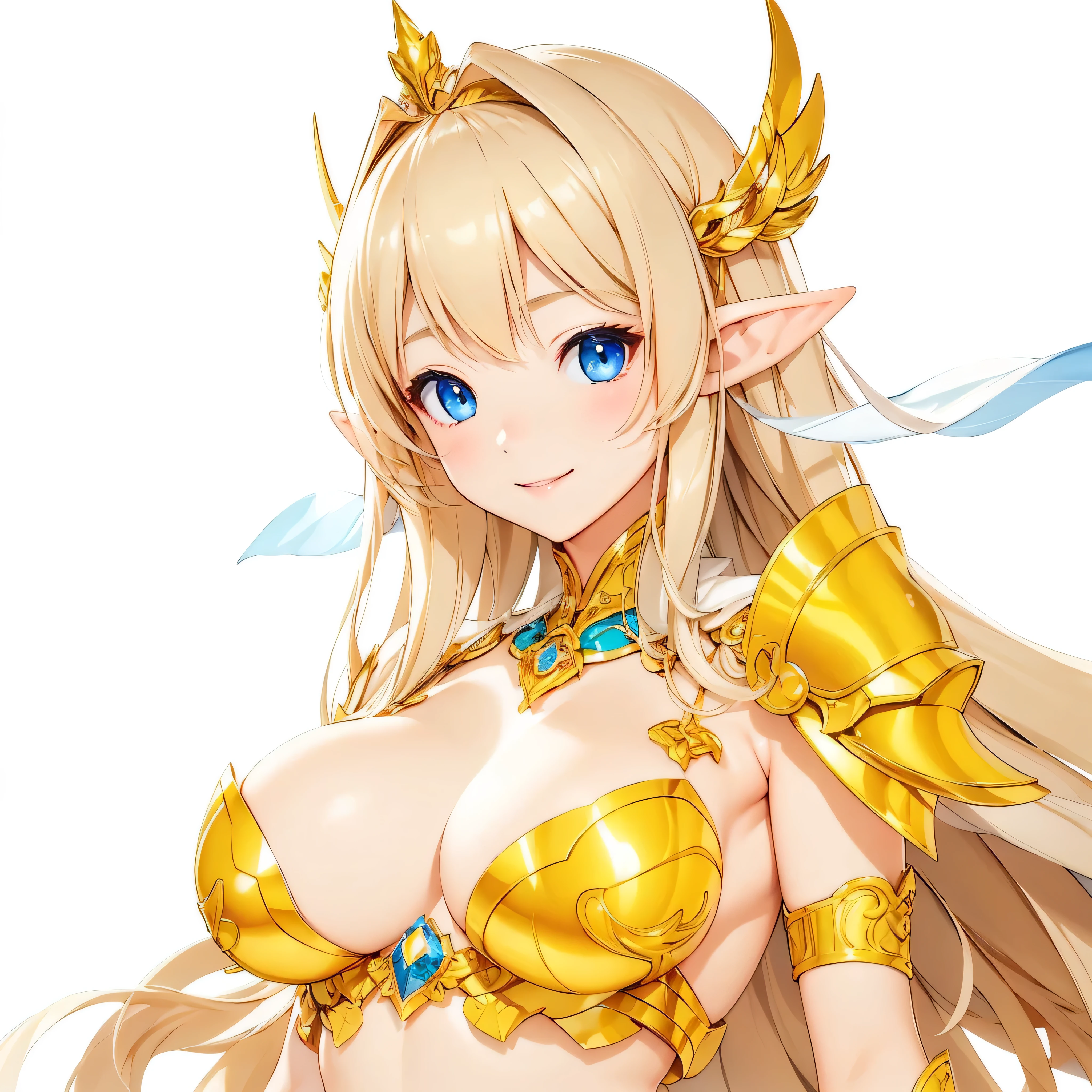 Highest quality、Very detailed、High resolution、16k、Thin contours、耳の長いElf、Nipples are visible、Shining golden armor、Gold bikini armor、Very large breasts、Very transparent white skirt、Wearing black pants、chest proportion、Smile of the Goddess、Very white skin、Beautiful fingers、Perfect Style、Elf、No bra、Blonde hair and blue eyes、Cool smile