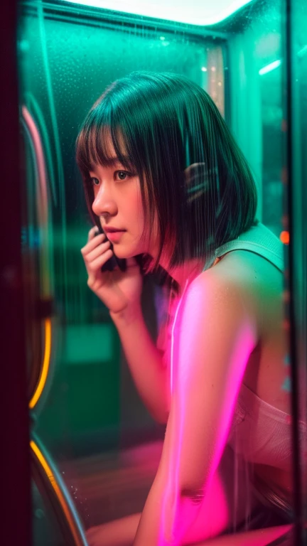 A candid shot on the street, (behind a glass shot:1.5), (best quality:1.5), japanese, 1man, 1girl, 35y a man in casual cloth with short black hair, 25y sweet and chubby girl in pink slipdress and sneakers, take a photo couple in a telephone booth, a man carrying a girl thighs with his arms then giving sex kiss, she has messy mid long bang hair, (lifting posing:1.3), real couple, (having sex:1.3), 120 film looks, (neon light reflection in glass surface:1.3), ambient lighting, night, (rainy outside:1.2), detailed face and eyes, detailed nose and lips, very highly detailed, surreal view, (sharp focus:1.3), shot by mamiya analog film, (aesthetic photography:1.3), (dynamic wide angle:1.3)