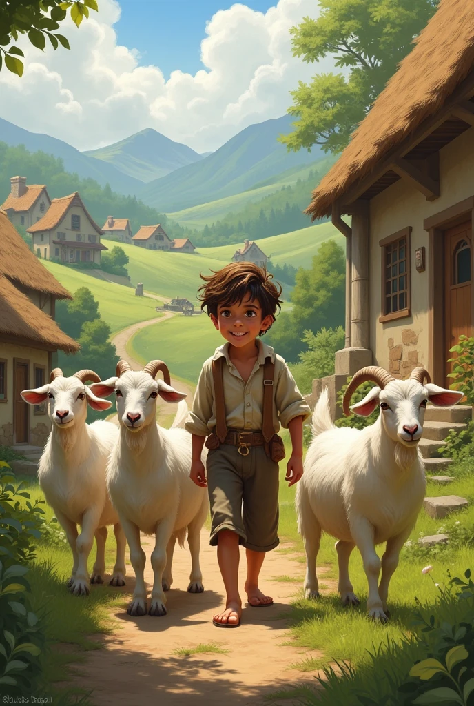 young boy in village with his goats