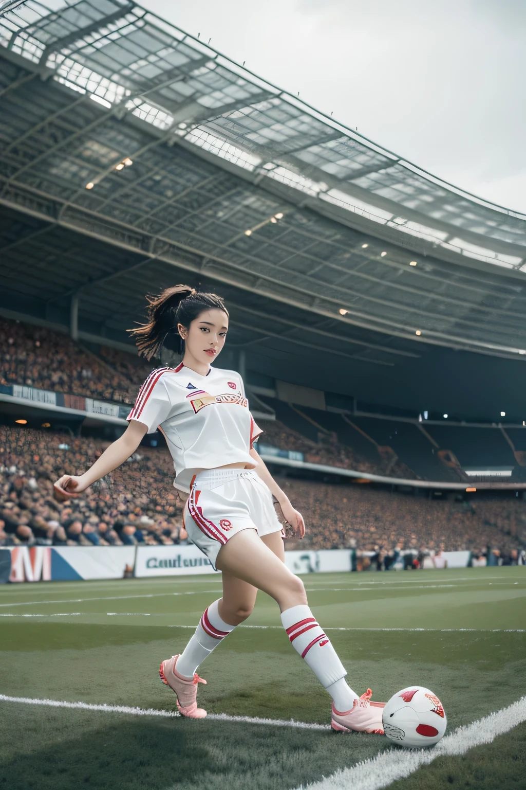 Award-winning, Ultra-realistic, Full Body Shot, looking at camera, Photography of Beautiful kpop idol women soccer in adidas uniform shorts white adidas, white socks with shinguards, pink soccer shoes adidas Skillful dribbling, Energetic play, Teamwork, powerful shoots, Wet pitch, Passionate sports in football stadium field, Nikon D850, Kodak Ektachrome, , Eye-Level Perspective, , Canon EF 24-70mm f/2.8L II USM, Rule of Thirds, Midday