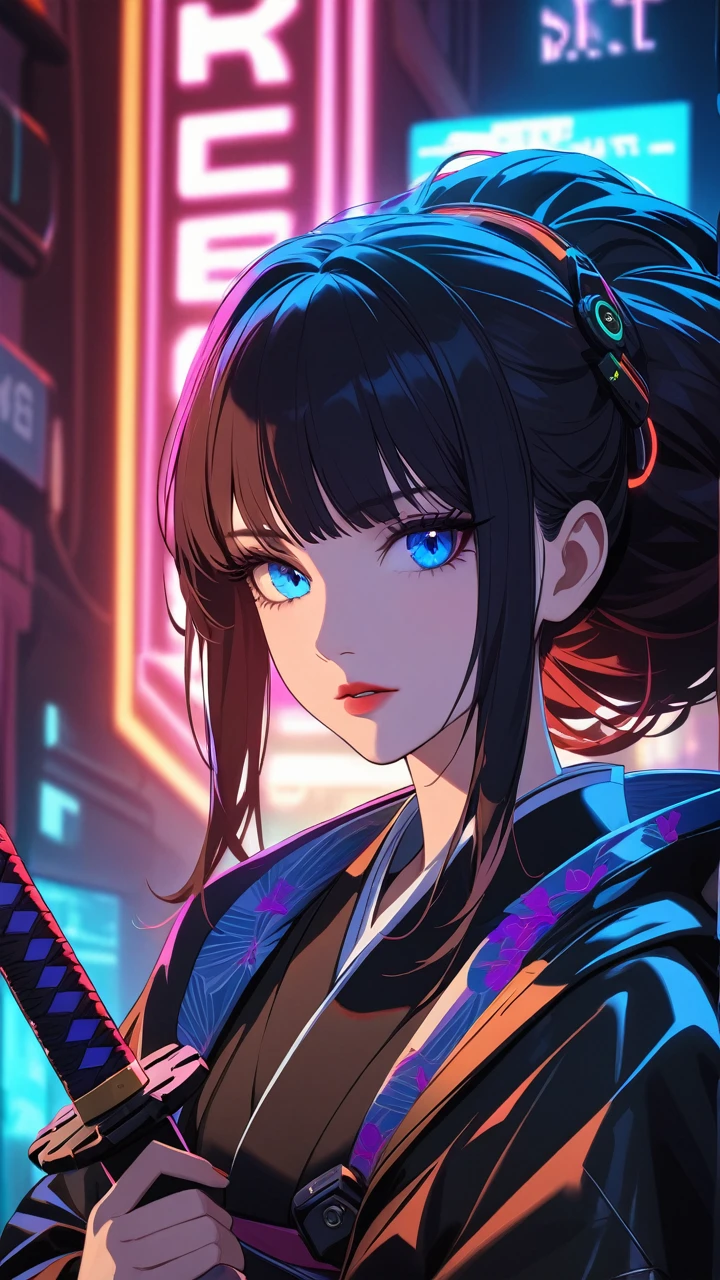 beautiful detailed eyes, beautiful detailed lips, extremely detailed eyes and face, long eyelashes, 1 girl, detailed portrait, kimono, holding katana, cyberpunk style, sci-fi, neon lights, dark atmosphere, dramatic lighting, cinematic, vivid colors, hyper-detailed,