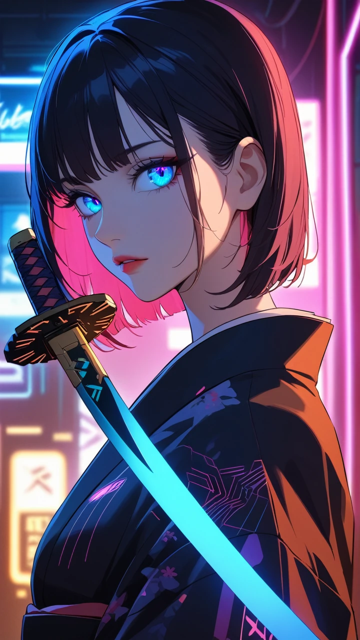 beautiful detailed eyes, beautiful detailed lips, extremely detailed eyes and face, long eyelashes, 1 girl, detailed portrait, kimono, holding katana, cyberpunk style, sci-fi, neon lights, dark atmosphere, dramatic lighting, cinematic, vivid colors, hyper-detailed,