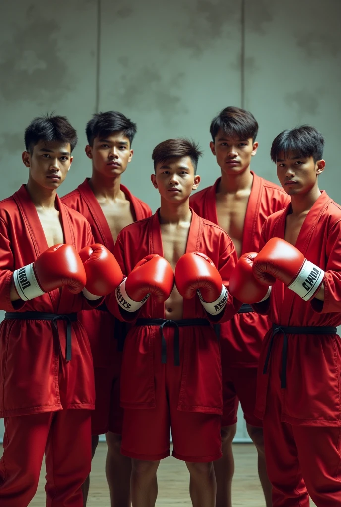 onoff,side-by-side photo,split screen,Muay Thai boxer, Muay Thai costume,muscle boy, sharp eyes, long, tight sexy body,masterpiece photograph,fighting pose,mideum shot,The fighter is a beautiful boy with short hair, realistic photo,depth of field,cinematic lighting,big penis,