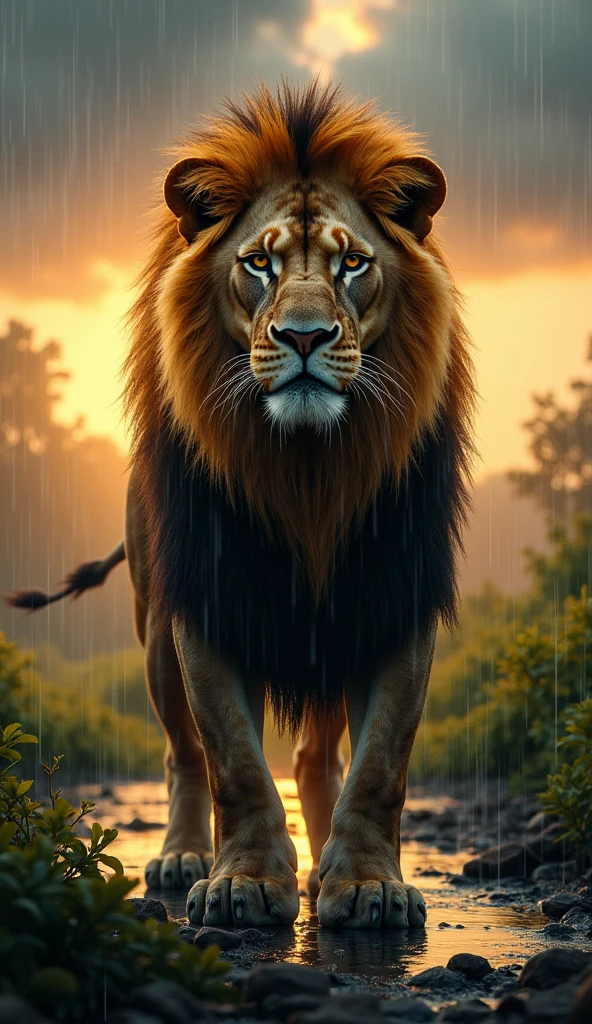 Create a Lion in the rain in high resolution 8k super realistic, When the sun rises, focus on the Lion's face