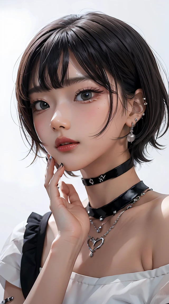 ８ｋ、highest quality, 1 girl, , , ((pixie cut)),realistic skin , Lanky Body, slim、flat body、lonely face、cute、inverted triangle face、 (close up headshot:1.23) 、(gothic lolita:1.23)、(black lips:1.3)、Cinematic dim lighting、Purple Eyeshadow