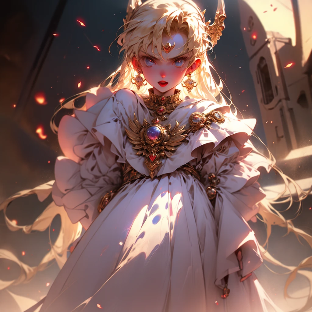 High resolution, masterpiece, High detail, Blonde, Large Breasts, Crystal Earrings, Open your mouth a little, tooth, Solemn, evil, Hanging eyes, Afterimage,
