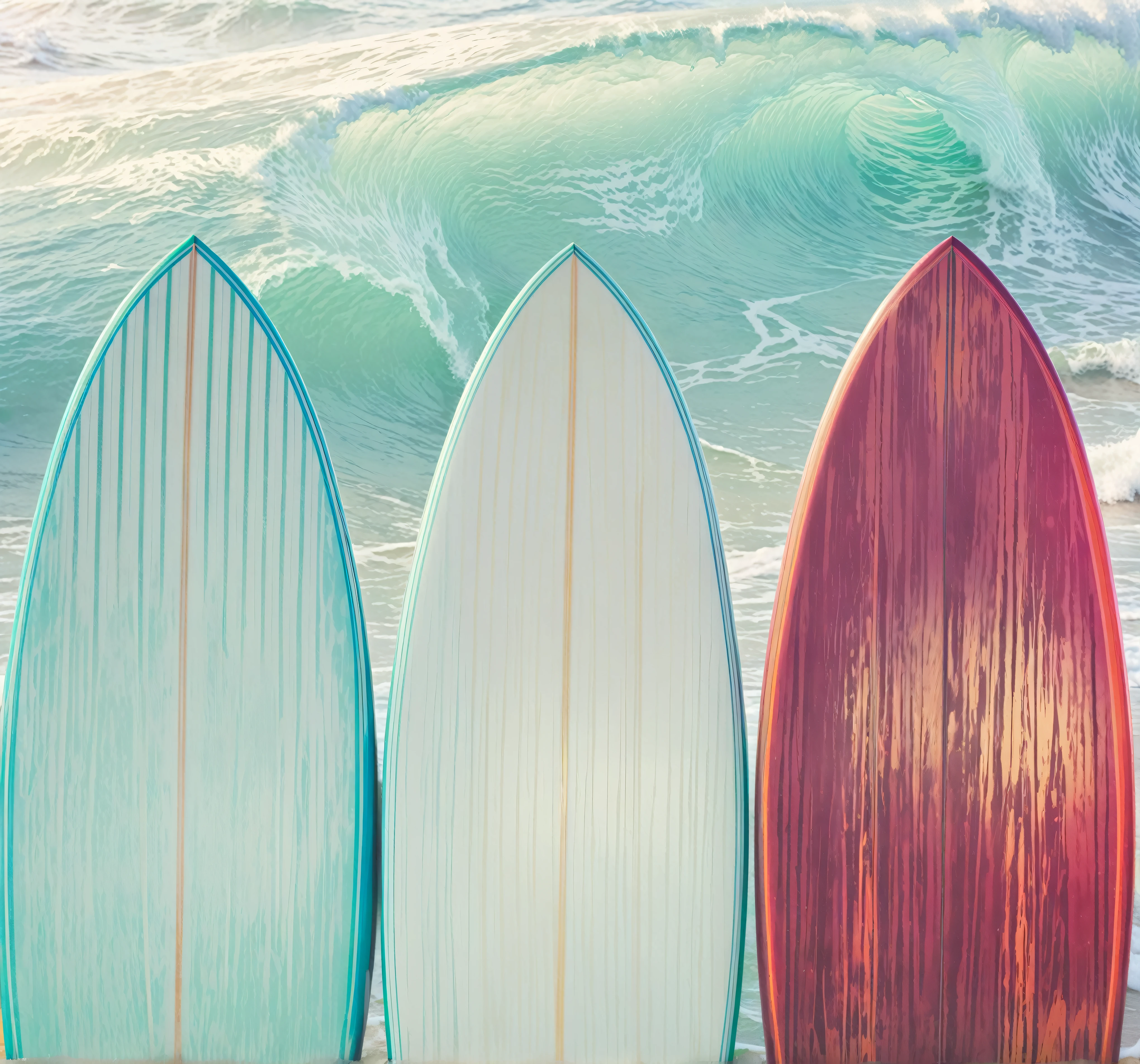 three surfboards are lined up against the shore of a beach, surf photography, standing on surfboards, best on adobe stock, surf, surfing, vintage color, shutterstock, ride the wind and waves, high quality wallpaper, crisp lines, details and vivid colors, crisp clean shapes, oceanside, big wave surfing, high-quality wallpaper, artistic interpretation, texture